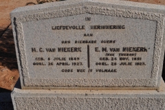 Van Niekerk, MC born 8 July 1849 died 26 April 1927 and EM nee Theron born 24 November 1851 died 28 July 1928